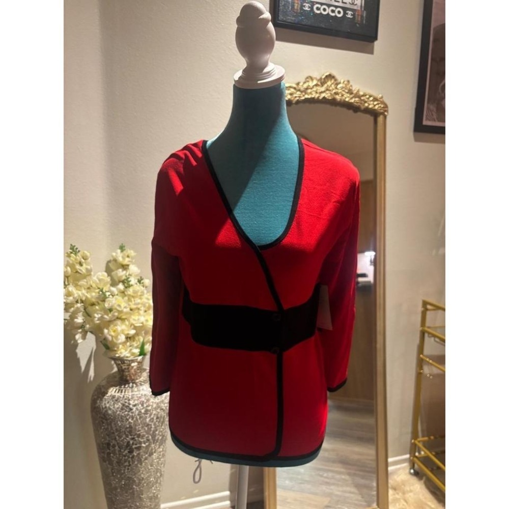 BCBG Red Wrap Style‎ Knit Top Black Trim V-Neck 3/4 Sleeve JH049112 Womens Large